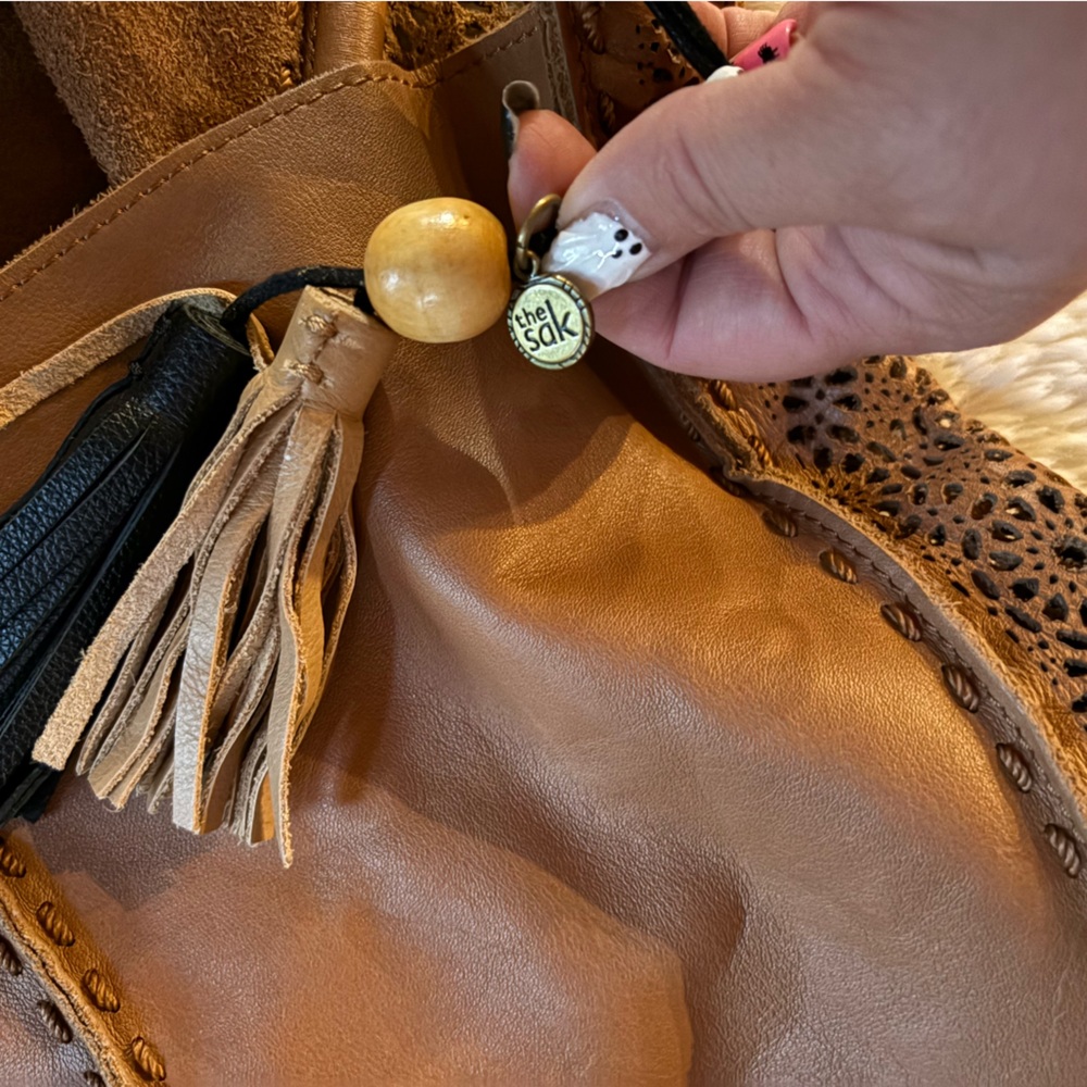 The Sak Lt Brown Moroccan Trim Los Feliz Leather Purse Large Hobo Tote Bag - Picture 7 of 7